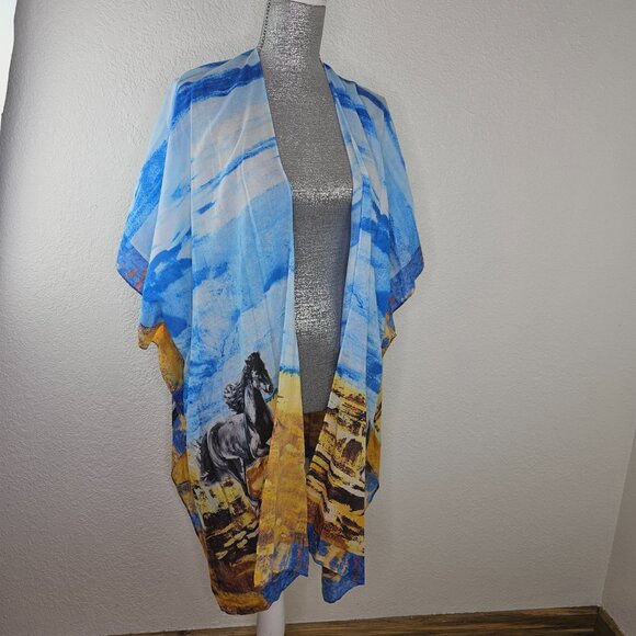 JC Sunny Sky & Mustang Horses Kimono Wrap Duster Swimsuit Cover Up - Picture 2 of 10